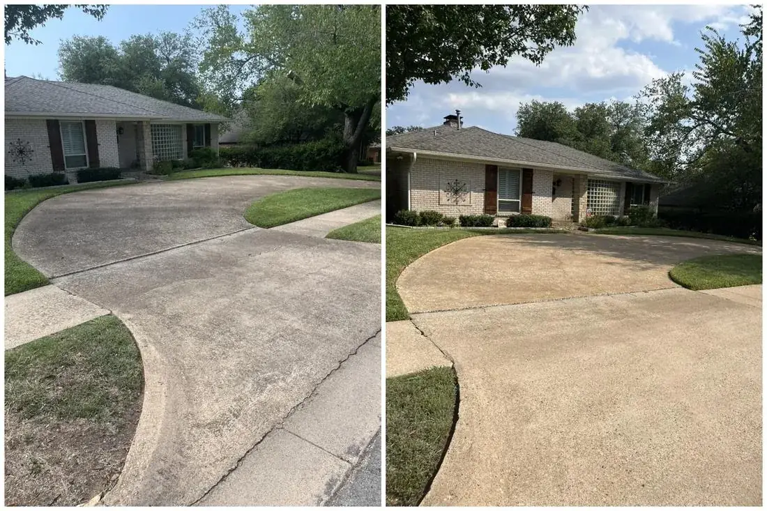 Before and after of a stained concrete driveway restored by pressure washing in Plano, TX