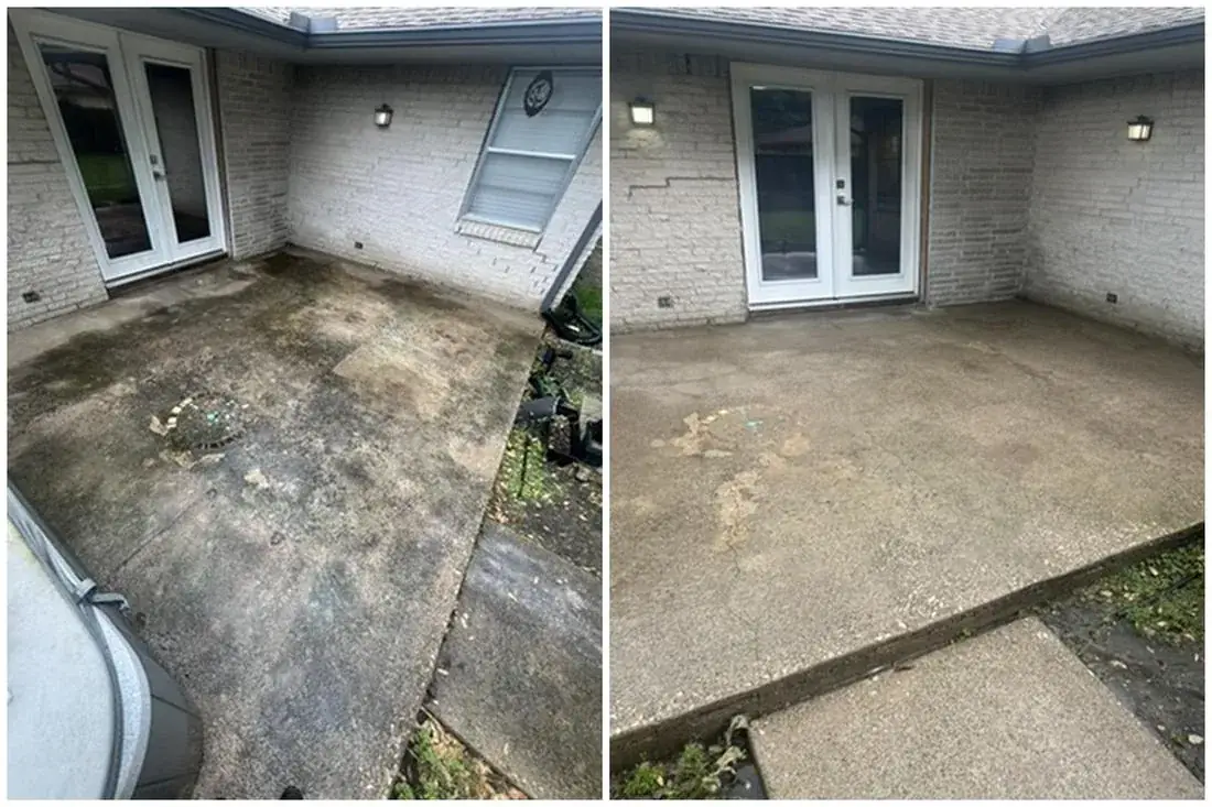 Backyard concrete patio before and after deep cleaning in Dallas, Texas