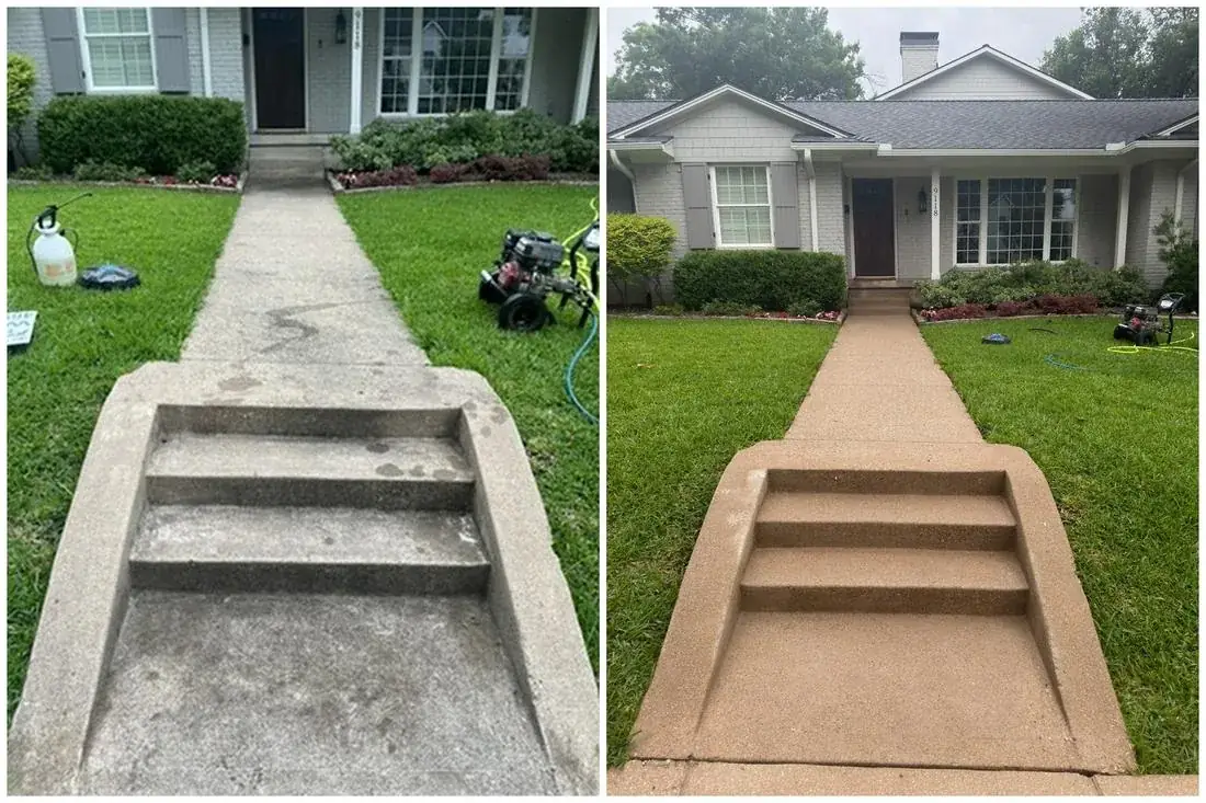 Front walkway and steps before and after pressure washing in McKinney, Texas