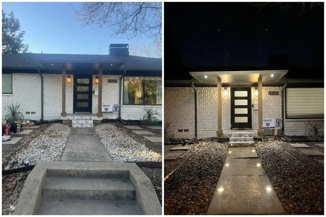 Home entryway by day and glowing with permanent outdoor lighting at night, Dallas TX