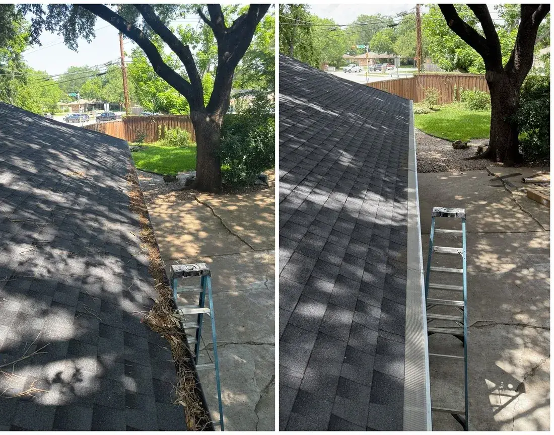 Gutters packed with leaves before cleaning and spotless gutters after, McKinney TX