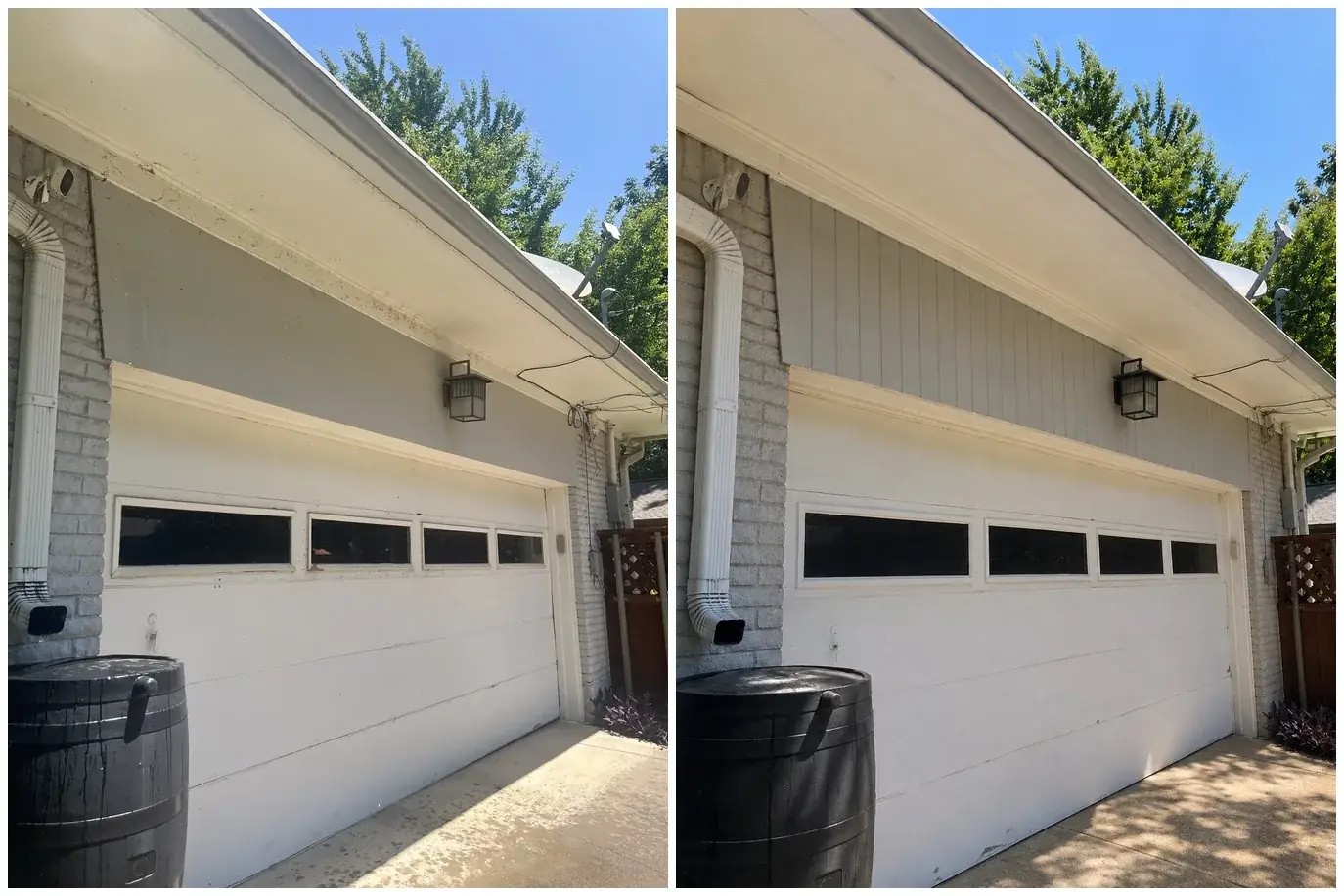 White brick garage exterior before and after house washing in DFW — grimy eaves and siding washed bright